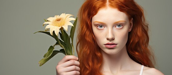 Sticker - Close up portrait of a freckled redhead girl with a lily showcasing natural beauty against a beige backdrop