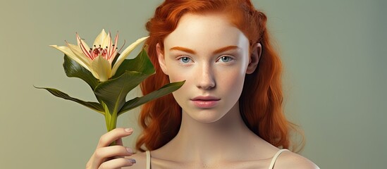 Poster - Close up portrait of a freckled redhead girl with a lily showcasing natural beauty against a beige backdrop