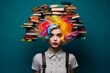 A young girl with books on her head. Concept of education and creativity.