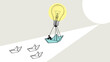 Business advantage concept and game changer symbol as an a crowd of paper boats and one boat rises above the rest with a balloon looking like lightbulb