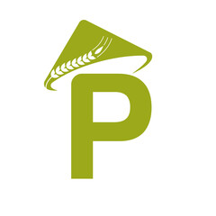 Wall Mural - Letter P Agriculture Logo On Concept With Farmer Hat Icon. Farming Logotype Template