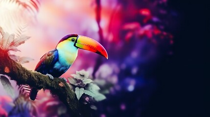 Beautiful colorful toucan bird on a branch in a rain