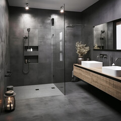 Men's bathrooms in a factory building.  Modern Light Gray with gray Flooring Realistic Simple Modern Luxury.