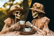 Pair of skeletons having tea, Halloween exterior decor, seasonal home yard decorations