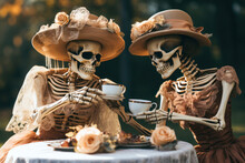 Pair Of Skeletons Having Tea, Halloween Exterior Decor, Seasonal Home Yard Decorations