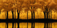 Golden Trees Reflected In Lake On Black Sky Background. Modern Canvas Art With Golden Yellow Forest On Dark Background. Mural Wallpaper Landscape. Golden Tree Walpaper. Ai Generative.