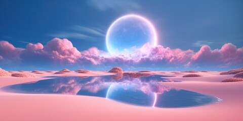 Wall Mural - 3d rendering abstract fantasy background. Surreal fantastic landscape. Blue sky, white fluffy clouds, neon round linear frame, calm water, pink sand dunes. Virtual reality paradise wallpaper