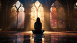 Spiritual Reflection: A person deep in prayer, sitting peacefully in a beautiful church, with sunlight streaming through colorful stained glass windows