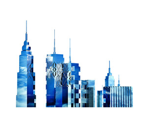 Wall Mural - Beautiful city icon with skyscrapers and office buildings with blue sky reflection. 3D rendering illustration