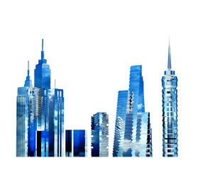 Wall Mural - Beautiful city icon with skyscrapers and office buildings with blue sky reflection. 3D rendering illustration