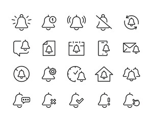 Poster - bell icon set Notification. Mute, Notice, Notification Alert notification. Alarm notice sign. Sipmle ring new message or subscription line icons set, editable stroke isolated on white, linear vector