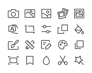 Poster - Photo Line Icons. Edit, Print, Enhance Image. Editable Stroke Edit image, Play presentation and photo printer. Download picture, Gallery carousel, placeholder pic icon set
