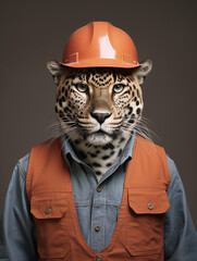 Wall Mural - An Anthropomorphic Jaguar Dressed Up Like a Construction Worker Wearing a Vest and a Hard Hat