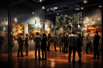 Wall Mural - Group of people attend an art gallery with paintings