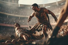 A Ferocious Gladiator Wearing Armored Roman Gladiator At The Ancient Rome Gladiatorial Games In The Coliseum