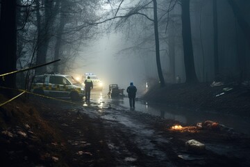 Detectives are collecting evidence in a crime scene. Forensic specialists are making expertise. Police investigation in a forest