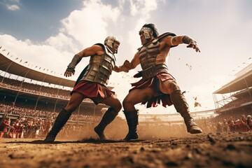 Wall Mural - A ferocious gladiator wearing armored Roman gladiator at the Ancient Rome gladiatorial games in the coliseum