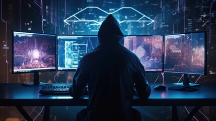 Poster - Visualize a skilled cyberpunk hacker operating within a futuristic landscape, surrounded by holographic interfaces, intricate code, and immersive virtual reality components