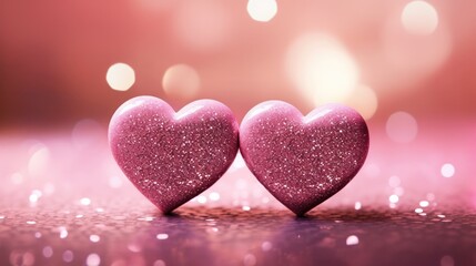 two hearts on pink glitter in shiny background