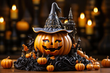 Wall Mural - Halloween pumpkin jack o' lantern tabletop decor, statue, interior home decorations, seasonal