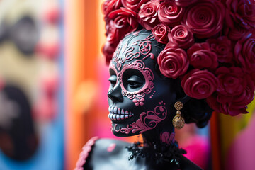 Wall Mural - Day of the Dead calavera catrina skeleton figurine, Mexican folk art, wood carving, close up