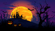 © henjon - Halloween Card and party Invitation with a dark night background, Pumpkins, bats, full moon and dark castle. or spooky house. illustration with copy space.
