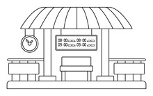 Vector Black And White Railway Station Line Icon. Railroad Train Waiting Place. City Or Countryside Line Transportation Clipart Or Coloring Page With Clock, Bench, Roof And Timetable.