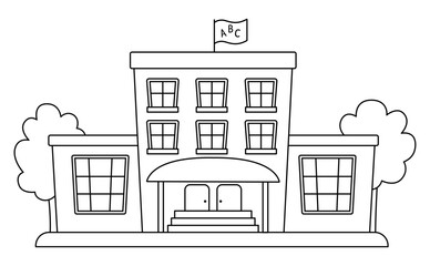 Wall Mural - Vector black and white school building with trees and flag isolated on white background. Back to school line illustration. Cute educational concept or coloring page.
