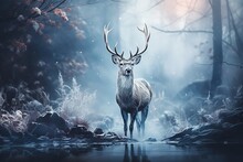 A Beautiful Red Deer With Big Antlers In Winter In The Forest Near The River On A Foggy Morning, AI Generation