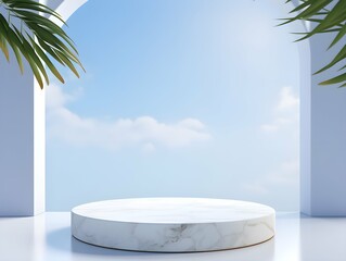 Wall Mural - Minimal scene with white marble podium and blue sky