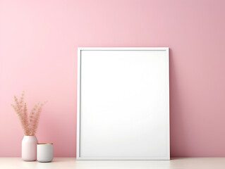 Empty photo frame mock up with flowers on pink wall, ai generated