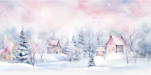 Watercolor Winter With Snow, Forest And Village, Ai Generated