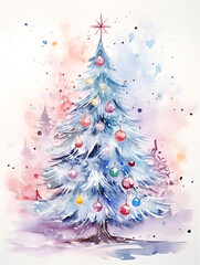 Wall Mural - Watercolor pastel blue and pink illustration of a decorated Christmas tree, ai generated