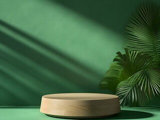 Wall Mural - Wooden podium on green background with palm leaves.