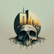 Post-apocalyptic Skull With Destroyed World City Background In Doom Dark Anti-war Seed Of Evil And Death Stylized Illustration Logo