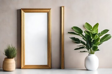 window with flowers and wall frame mockup