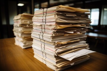 Poster - pile of documents on desk in office, stack of business papers, a large stack of old archival documen