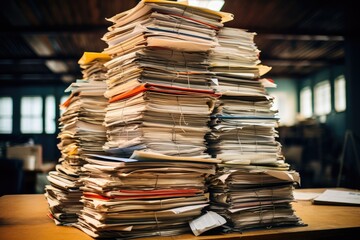 Poster - stacks of documents on the desk in the office. stack of papers. a large stack of old archival docume