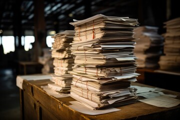 Poster - stack of documents on wooden table in office. selective focus. a large stack of old archival documen