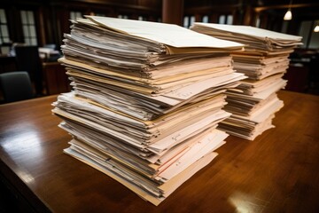 Poster - pile of old papers on the table in the library, stock photo, a large stack of old archival documents