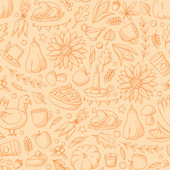 Wall Mural - Thanksgiving monochrome seamless pattern with doodles for backgrounds, wallpaper, scrapbooking, stationary, packaging, wrapping paper, textile prints, etc. EPS 10