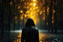 Rainy Sanctuary: Capturing A Person Below A Heavy Downpour, Sheltered By An Umbrella, Raindrops As A Curtain, Concealing Their Innermost Self Generative AI