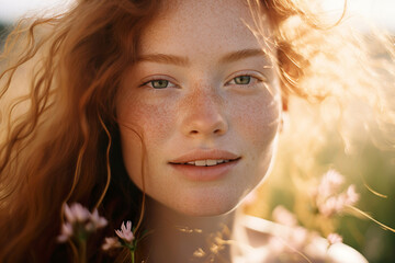 Wall Mural - A portrait of a woman outdoors, smiling and enjoying a summer day. Cute, cheerful expression enhances natural beauty. Sunlight and green meadow create carefree, joyful atmosphere.