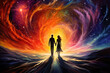 © Lazy_Bear - Couple in love walking together in surrealistic landscape. Man and woman standing at edge of land with colorful fantastic sky. Cosmic love and romantic emotions