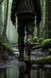 A man in a green jacket walking through a forest. Generative AI image.