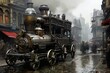 Steampunk City mit Lokomotive als ÖPNV. Regen, Gebäude und Passagiere