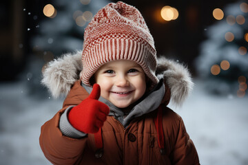 Wall Mural - Happy joyful smiling little kid in santa hat showing or holding thumbs up