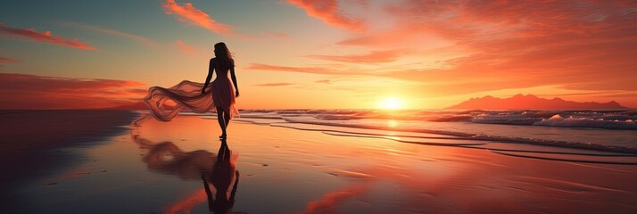 Wall Mural - Amazing Shot of a Lady Walking towards the Sun during the Sunset in the Beach over the Shoreline. Long Dress Blown by the Wind.