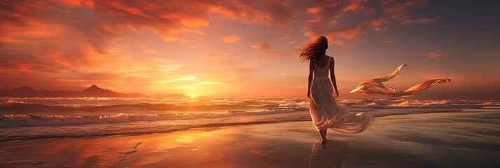 Wall Mural - Amazing Shot of a Lady Walking towards the Sun during the Sunset in the Beach over the Shoreline. Long Dress Blown by the Wind.
