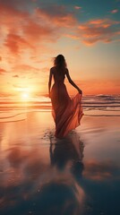 Wall Mural - Amazing Shot of a Lady Walking towards the Sun during the Sunset in the Beach over the Shoreline. Long Dress Blown by the Wind.